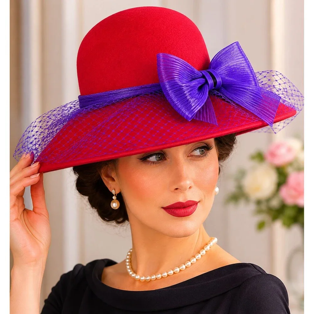 Vintage 100% Wool Red Wide Brim Derby Hat Purple Bow Church Tea Party